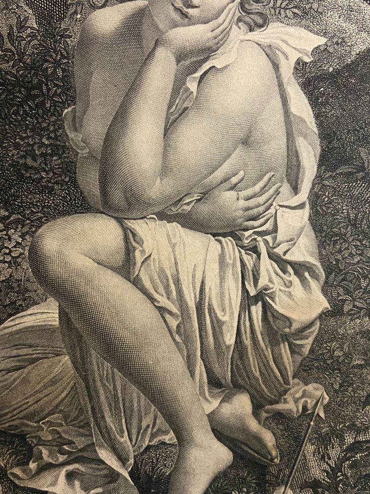 Gravure XIXe à la jeune femme titrée "Il n'est plus temps" Bouillon / Audouin