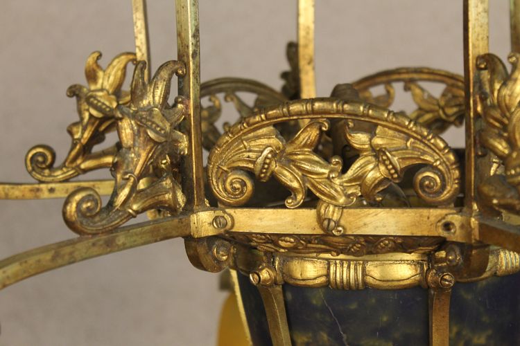 Bronze and pâte de verre chandelier signed Muller frères in Lunéville Art Deco period 7 lights