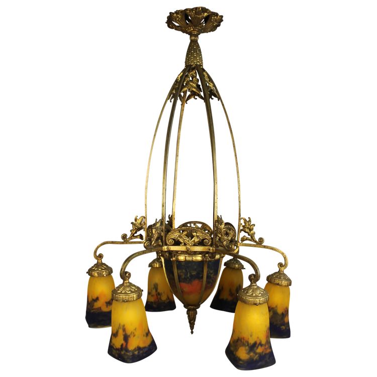Bronze and pâte de verre chandelier signed Muller frères in Lunéville Art Deco period 7 lights