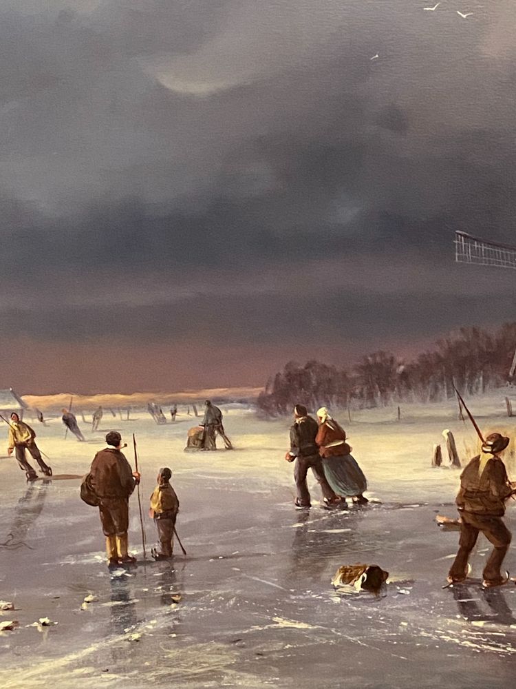 Enorme olio su tela di scuola olandese con paesaggio invernale 164 x 132