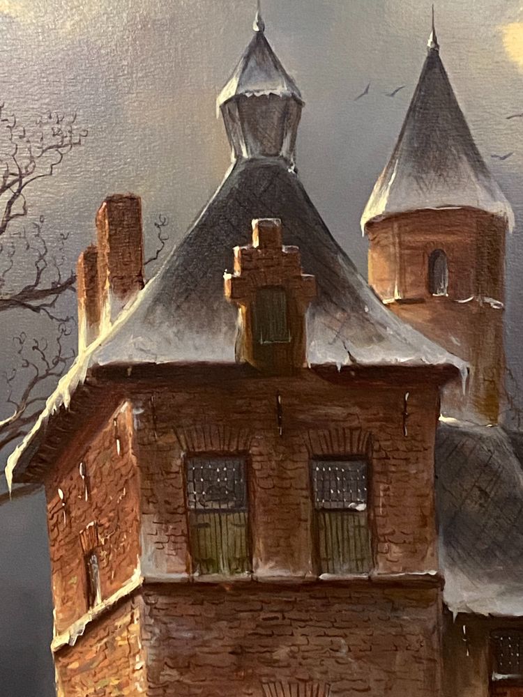 Enorme olio su tela di scuola olandese con paesaggio invernale 164 x 132