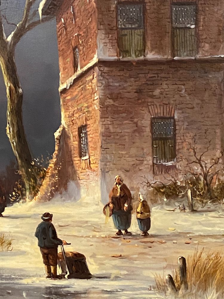 Enorme olio su tela di scuola olandese con paesaggio invernale 164 x 132