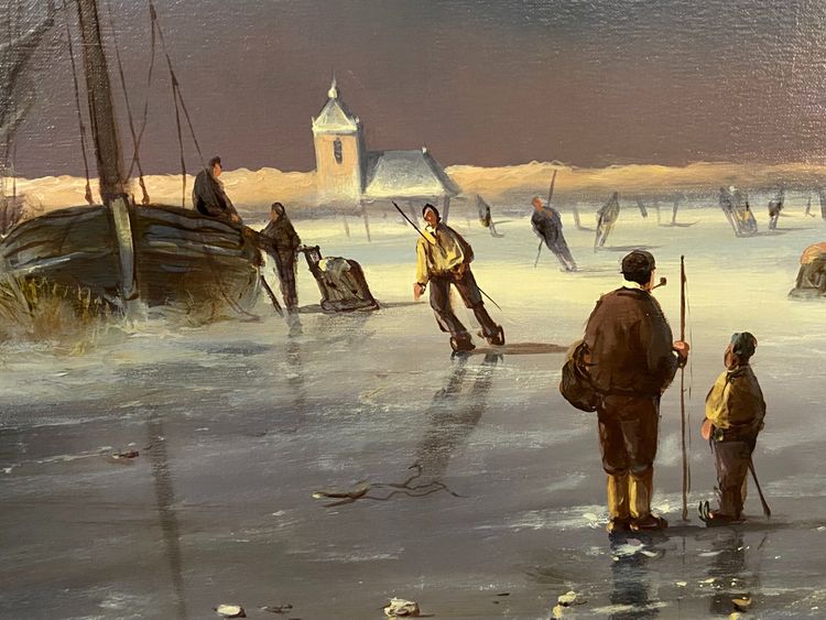 Enorme olio su tela di scuola olandese con paesaggio invernale 164 x 132