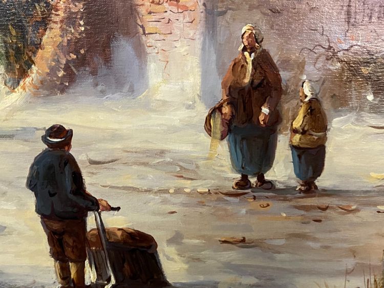 Enorme olio su tela di scuola olandese con paesaggio invernale 164 x 132