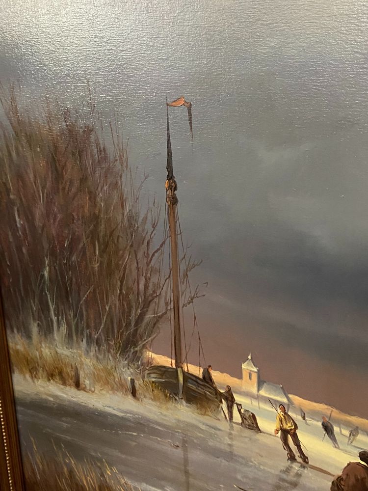 Enorme olio su tela di scuola olandese con paesaggio invernale 164 x 132