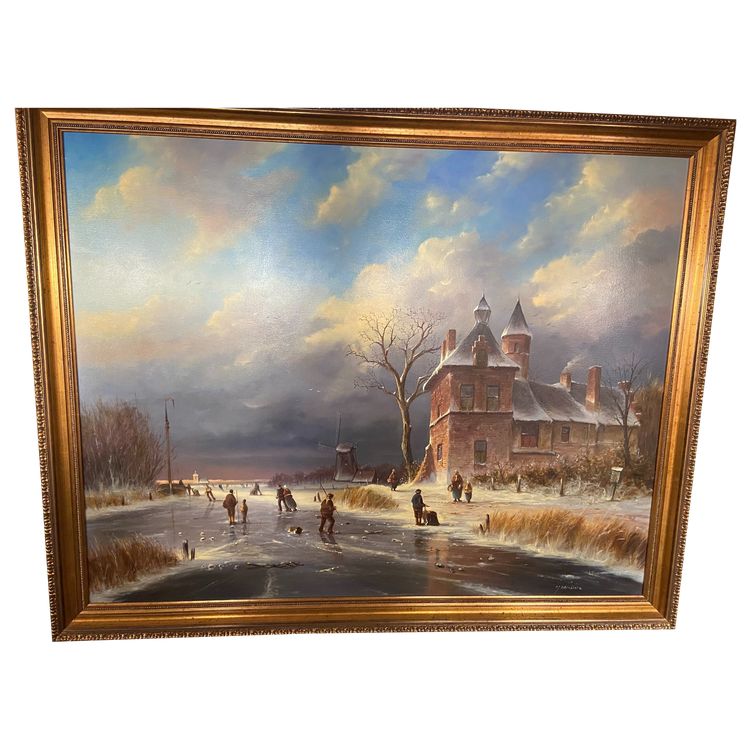 Enorme olio su tela di scuola olandese con paesaggio invernale 164 x 132