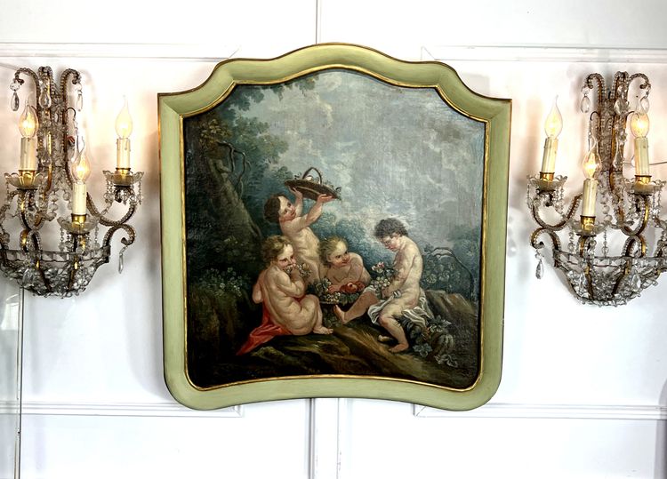 DIPINTO DI FALEGNAMERIA / PIANO DELLA PORTA / OLIO SU TELA CON DECORAZIONE DI PUTTI