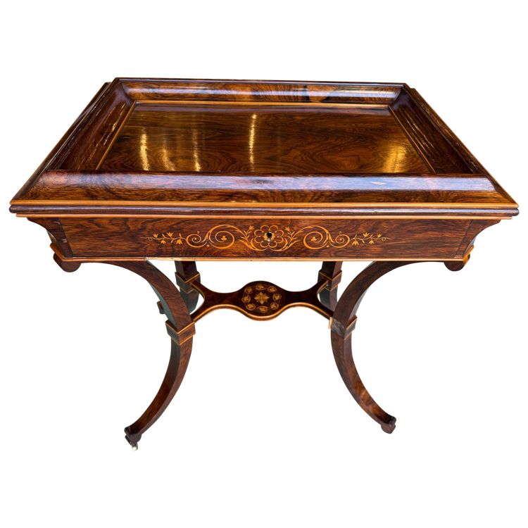 Tavolo con piedistallo d'epoca Carlo X in palissandro e intarsio di legno chiaro