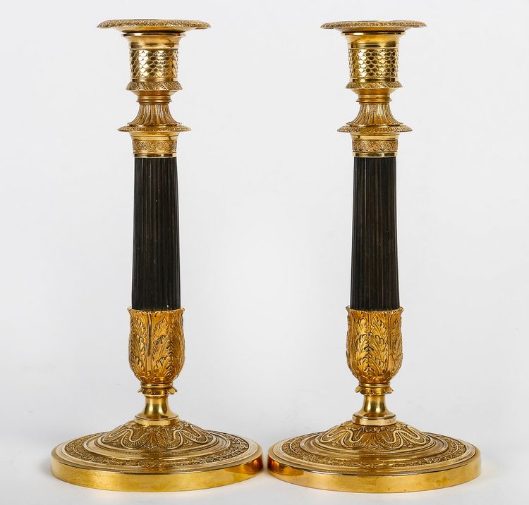 Pair of Empire Period Patinated and Gilt Bronze Candlesticks Mounted as lamps circa 1810