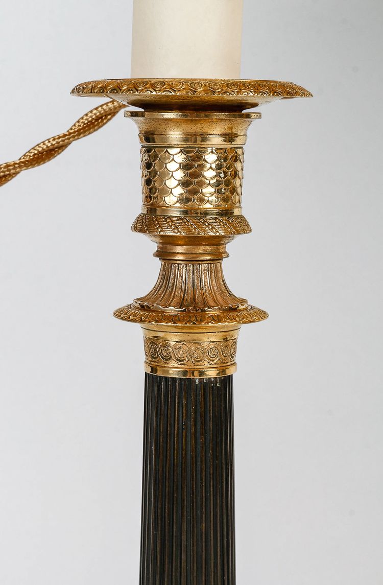 Pair of Empire Period Patinated and Gilt Bronze Candlesticks Mounted as lamps circa 1810