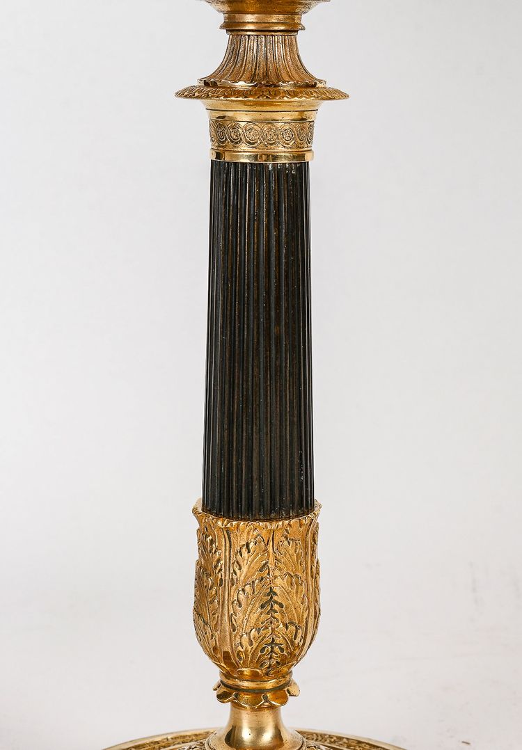 Pair of Empire Period Patinated and Gilt Bronze Candlesticks Mounted as lamps circa 1810