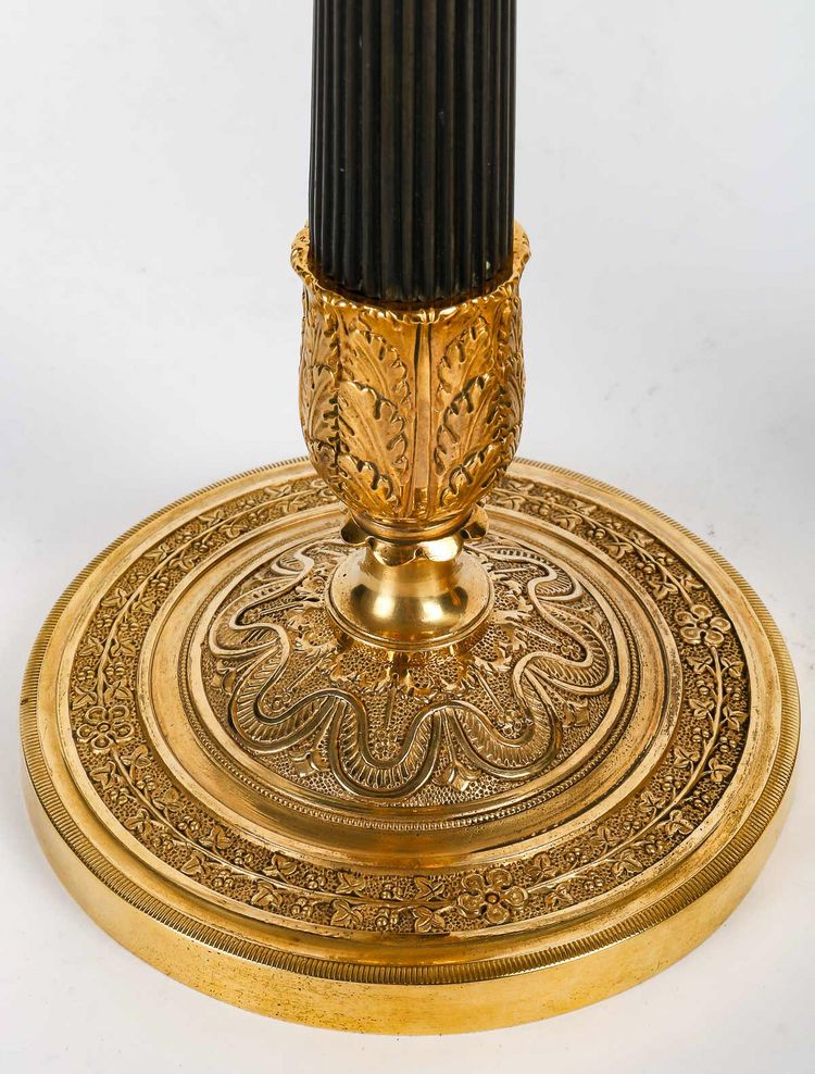 Pair of Empire Period Patinated and Gilt Bronze Candlesticks Mounted as lamps circa 1810