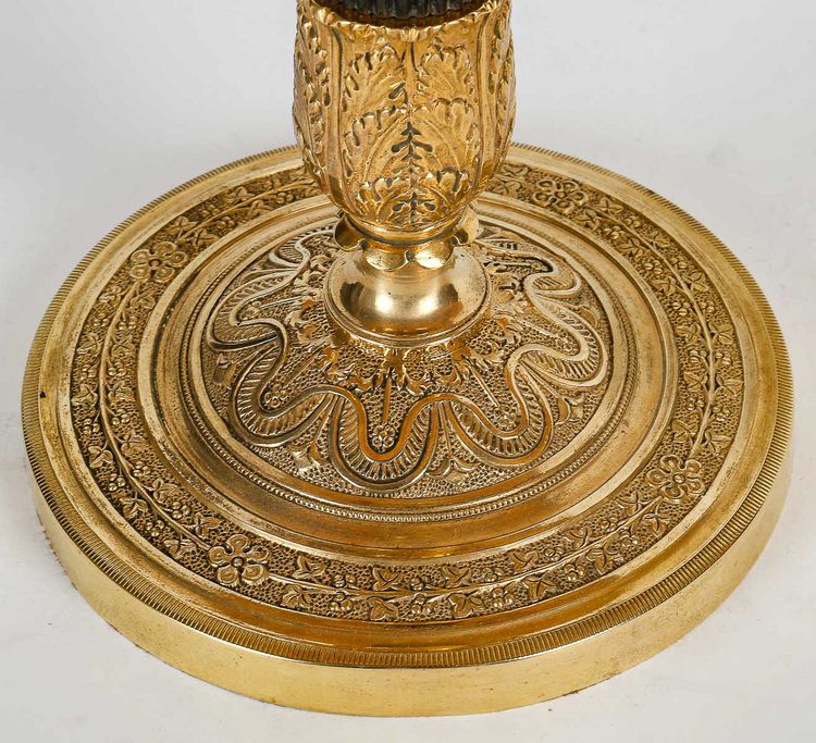 Pair of Empire Period Patinated and Gilt Bronze Candlesticks Mounted as lamps circa 1810