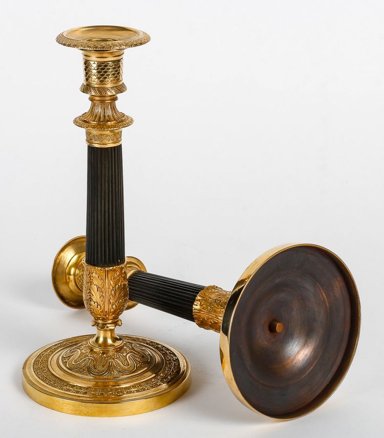 Pair of Empire Period Patinated and Gilt Bronze Candlesticks Mounted as lamps circa 1810