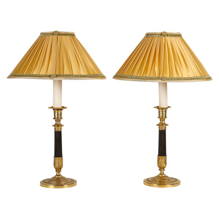 Pair of Empire Period Patinated and Gilt Bronze Candlesticks Mounted as lamps circa 1810