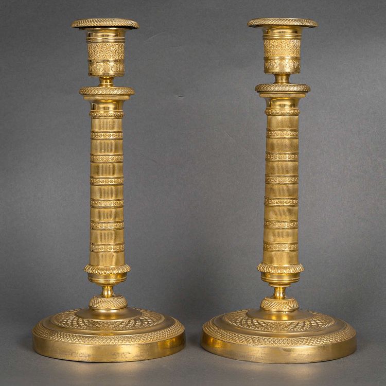 Pair of Empire Period Patinated and Gilt Bronze Candlesticks Mounted as lamps circa 1810