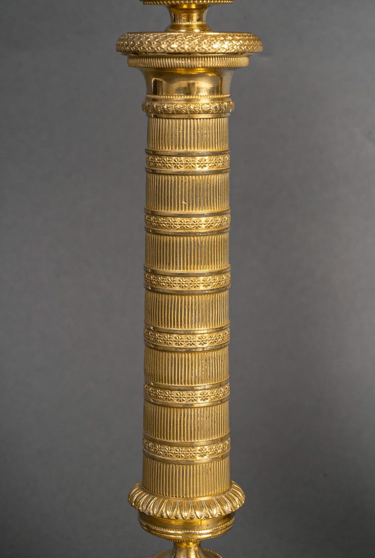 Pair of Empire Period Patinated and Gilt Bronze Candlesticks Mounted as lamps circa 1810
