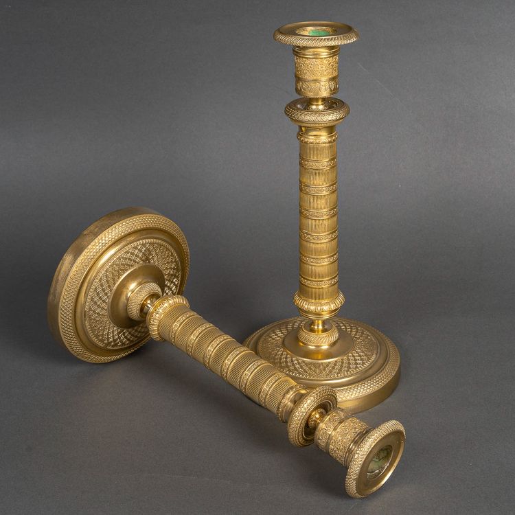 Pair of Empire Period Patinated and Gilt Bronze Candlesticks Mounted as lamps circa 1810
