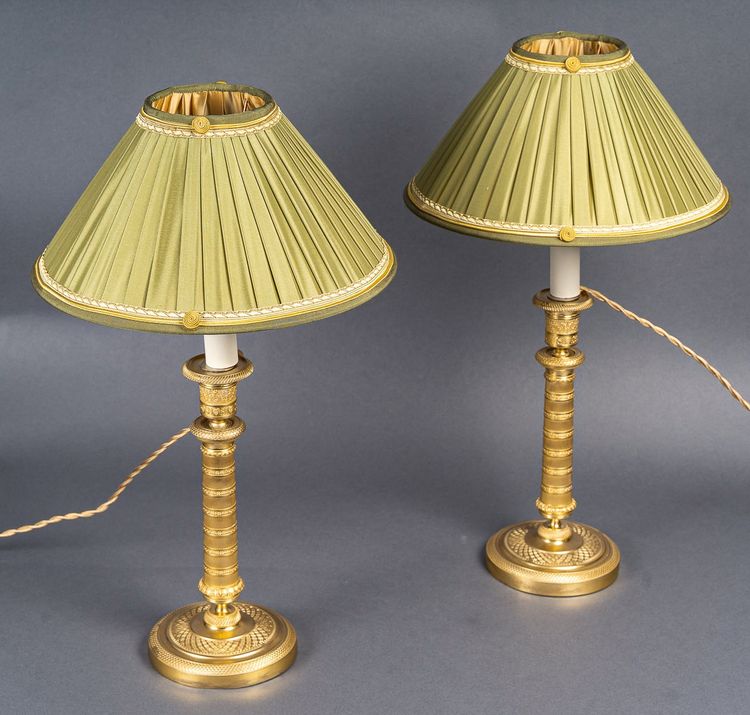 Pair of Empire Period Patinated and Gilt Bronze Candlesticks Mounted as lamps circa 1810