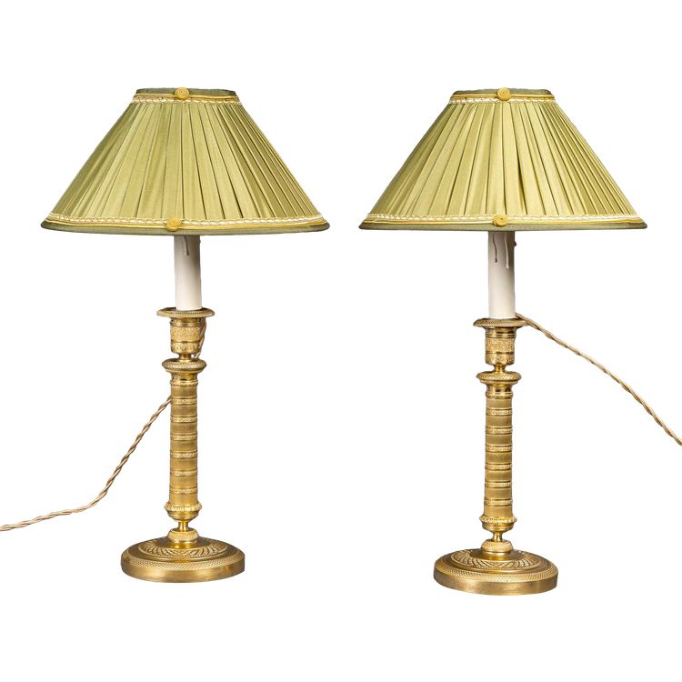 Pair of Empire Period Patinated and Gilt Bronze Candlesticks Mounted as lamps circa 1810