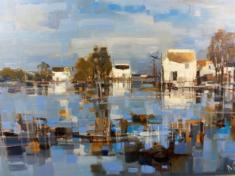 Large painting oil on canvas Camargue landscape signed Roger QUINTAINE 1921-2005