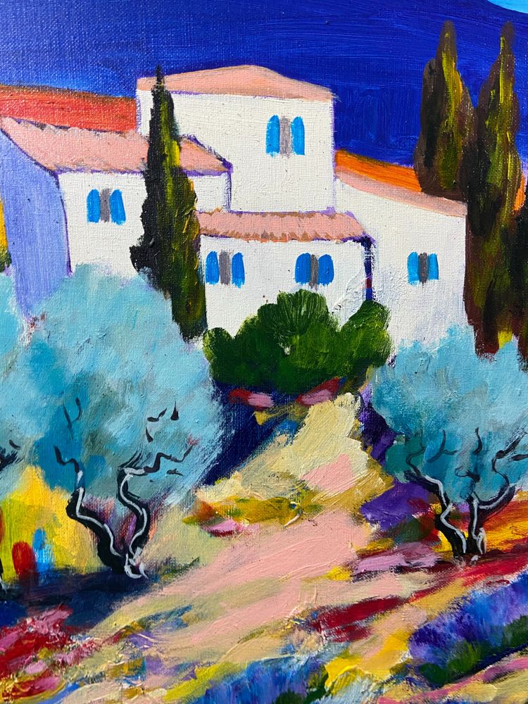 Grande dipinto olio su tela paesaggio provenzale Manosque firmato Claude Balta