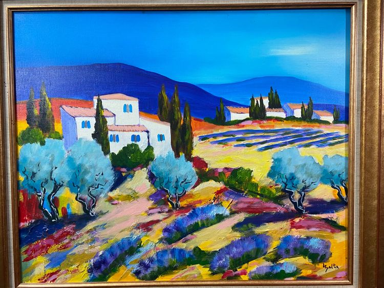 Grande dipinto olio su tela paesaggio provenzale Manosque firmato Claude Balta