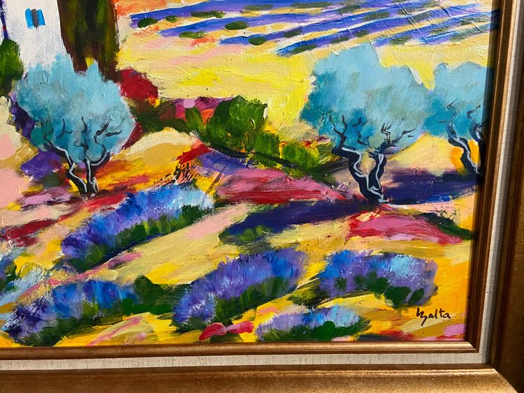 Grande dipinto olio su tela paesaggio provenzale Manosque firmato Claude Balta