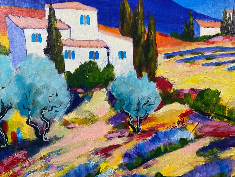 Grande dipinto olio su tela paesaggio provenzale Manosque firmato Claude Balta