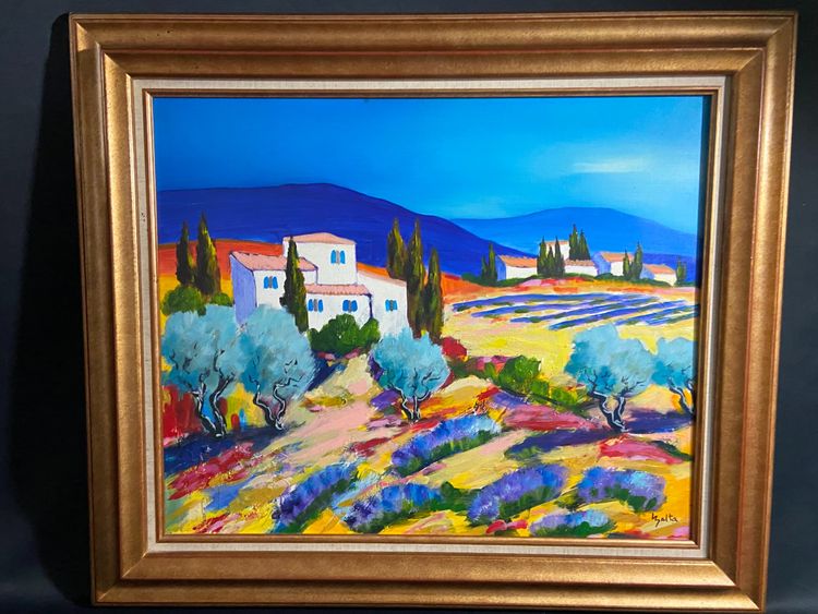 Grande dipinto olio su tela paesaggio provenzale Manosque firmato Claude Balta