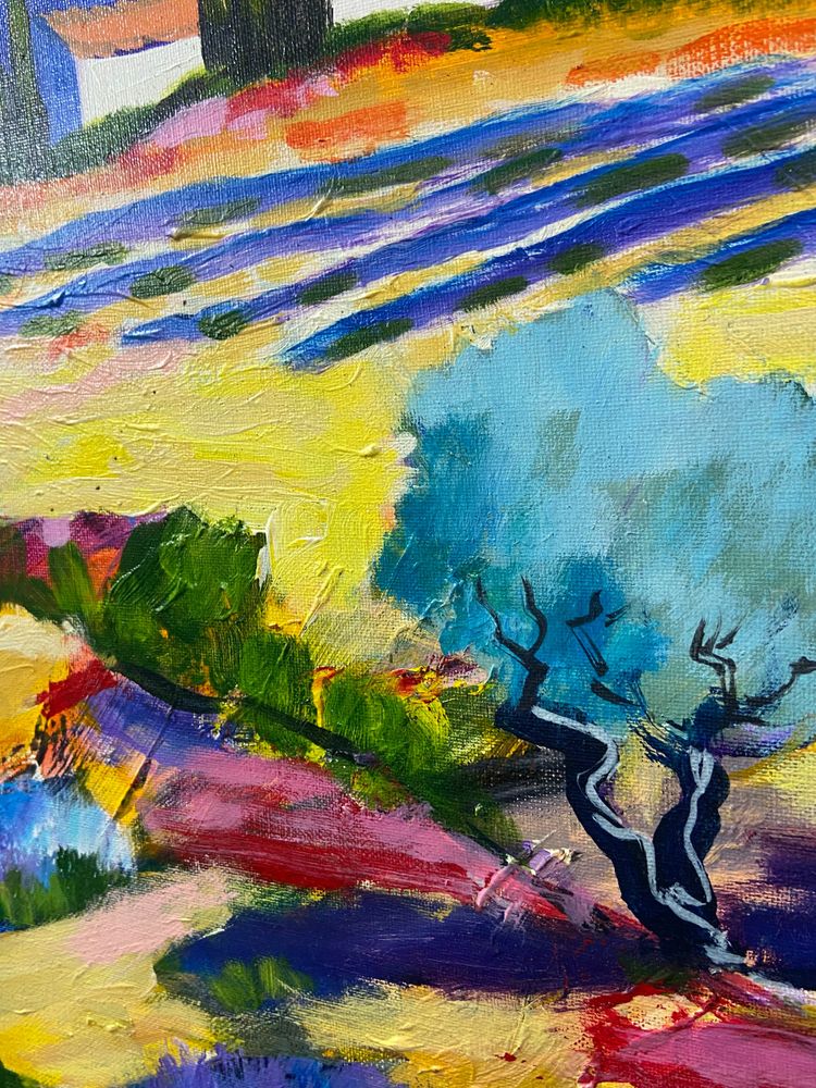Grande dipinto olio su tela paesaggio provenzale Manosque firmato Claude Balta