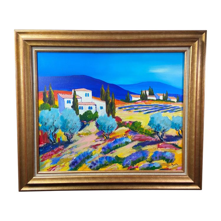 Grande dipinto olio su tela paesaggio provenzale Manosque firmato Claude Balta