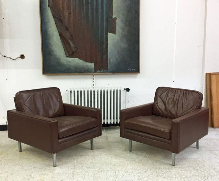 Paire De Fauteuils En Cuir Et Métal Chromé, Style Knoll , Circa 1970