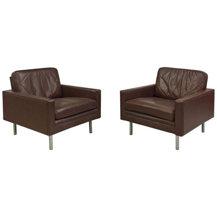 Paire De Fauteuils En Cuir Et Métal Chromé, Style Knoll , Circa 1970