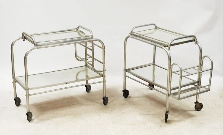 Deux Bar Roulants Art Deco En Aluminium Et Miroir Circa 1930