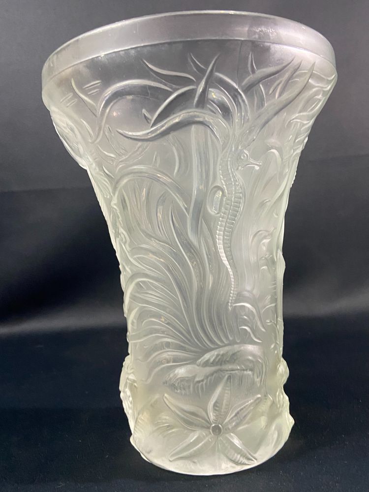 Large Josef Inwald Barolac 1936 Art Deco frosted glass vase, marine life decor