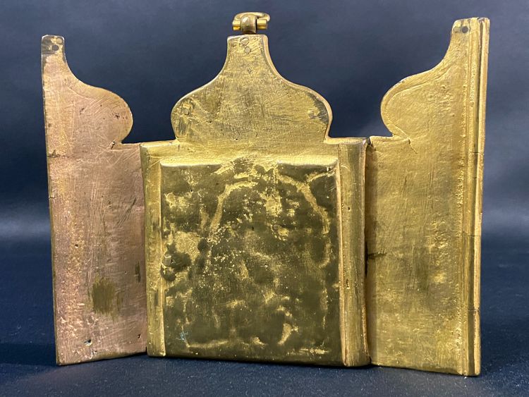 Russian travel icon Gilt bronze triptych 19th century Russia