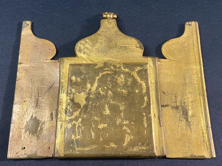 Russian travel icon Gilt bronze triptych 19th century Russia