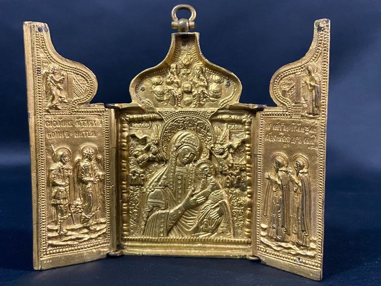 Russian travel icon Gilt bronze triptych 19th century Russia