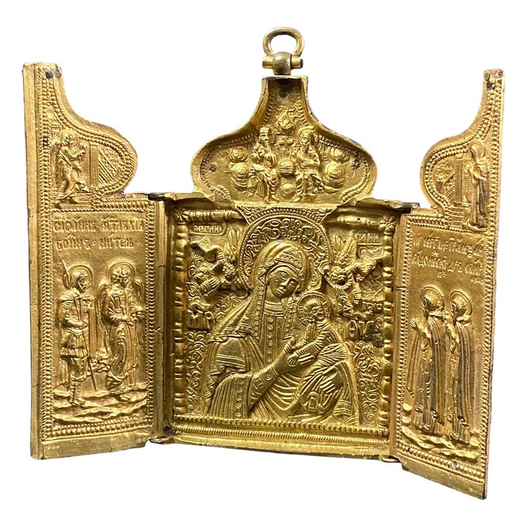 Russian travel icon Gilt bronze triptych 19th century Russia