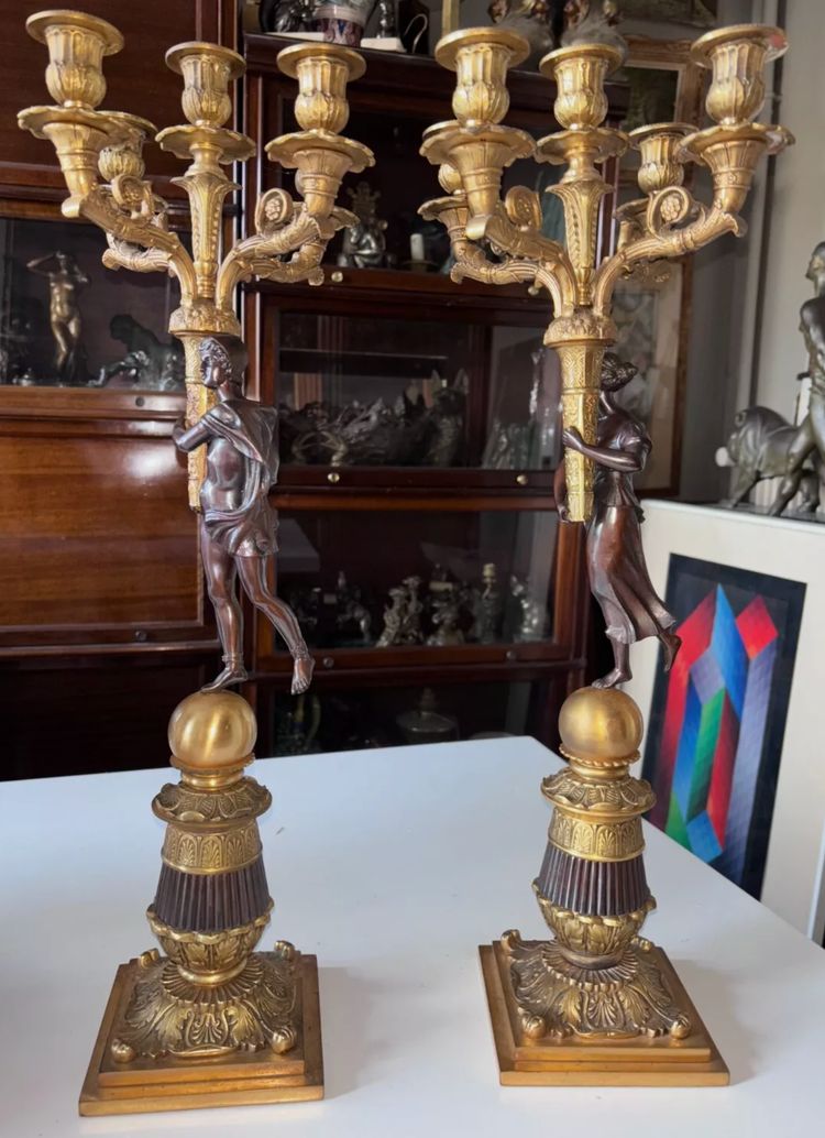 Pair of five-light bronze candelabra with double patina Empire or Restoration style