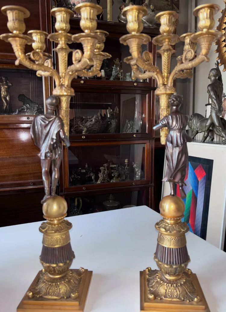 Pair of five-light bronze candelabra with double patina Empire or Restoration style
