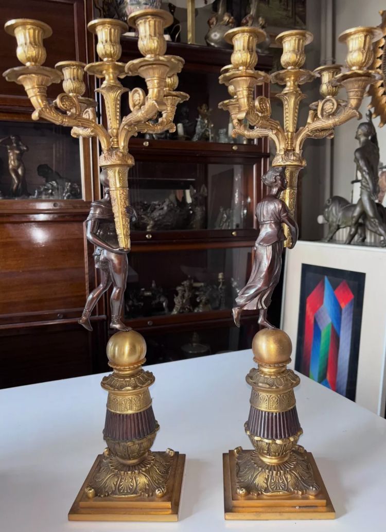 Pair of five-light bronze candelabra with double patina Empire or Restoration style