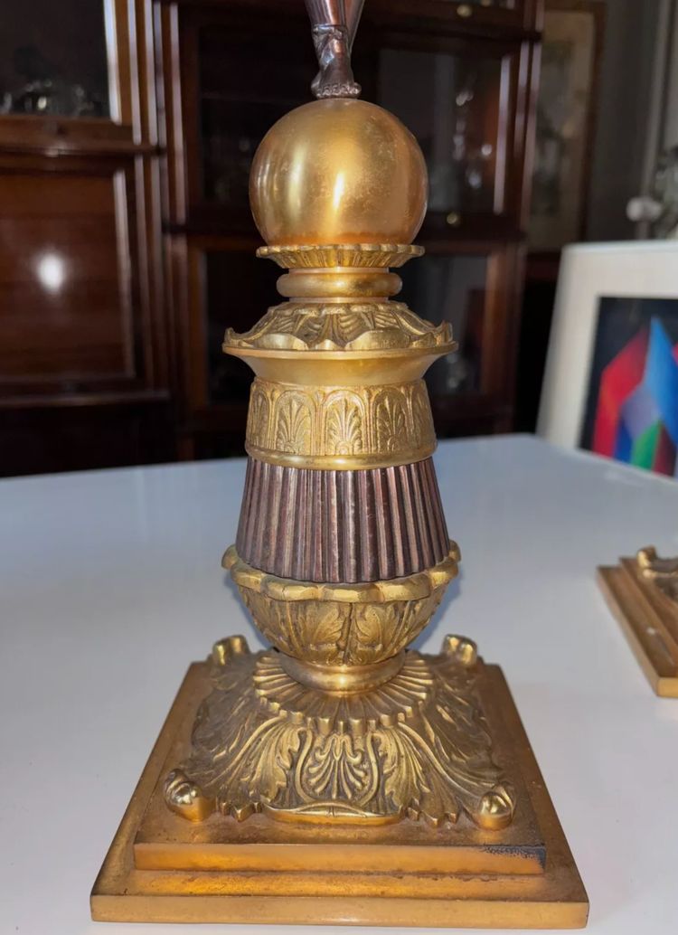 Pair of five-light bronze candelabra with double patina Empire or Restoration style