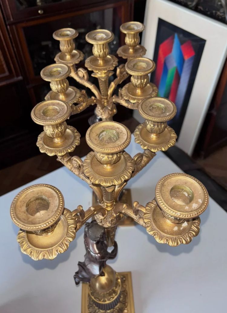 Pair of five-light bronze candelabra with double patina Empire or Restoration style
