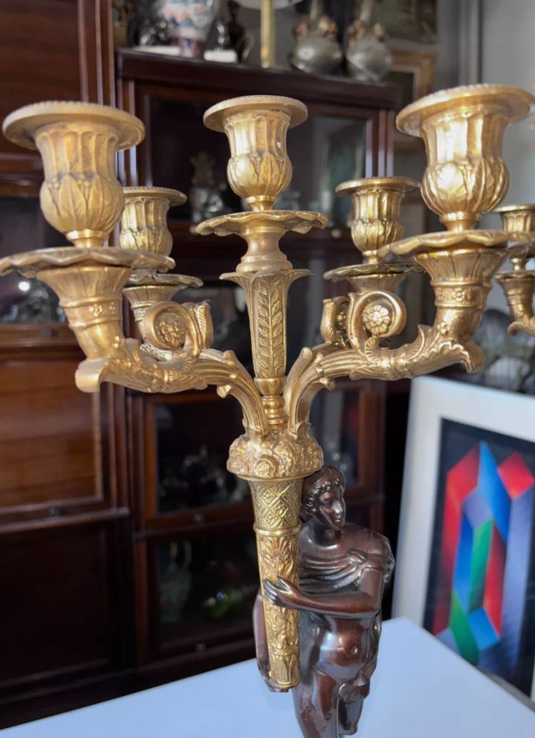 Pair of five-light bronze candelabra with double patina Empire or Restoration style
