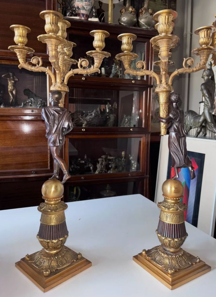 Pair of five-light bronze candelabra with double patina Empire or Restoration style