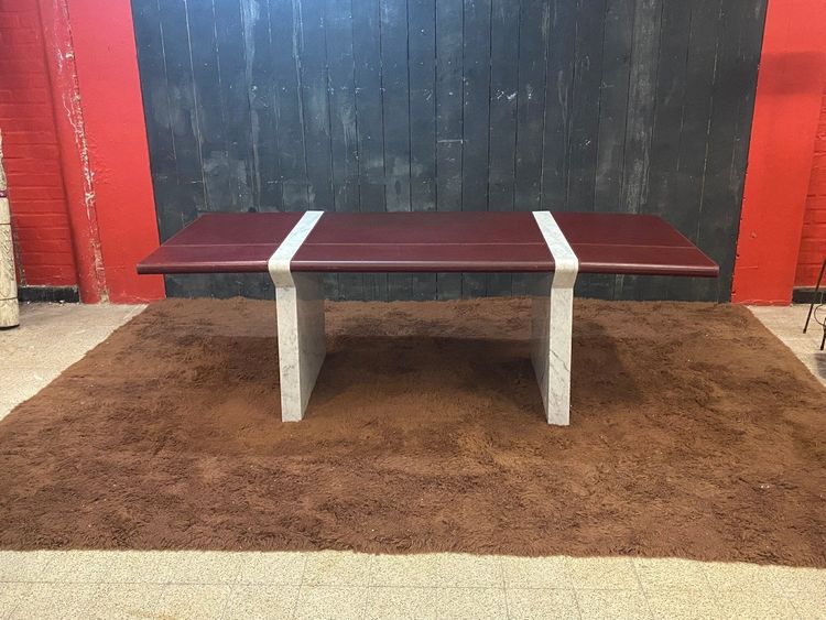 Elégant Grand Bureau En Marbre De Cararre Et Cuir , Italie Circa1970/1980