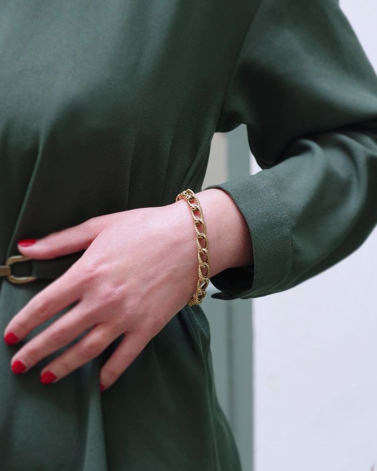 70er Jahre Gourmet-Armband aus strukturiertem 18k Gold, Vintage-Armband, geflochtene Masche, Seventies-Armband