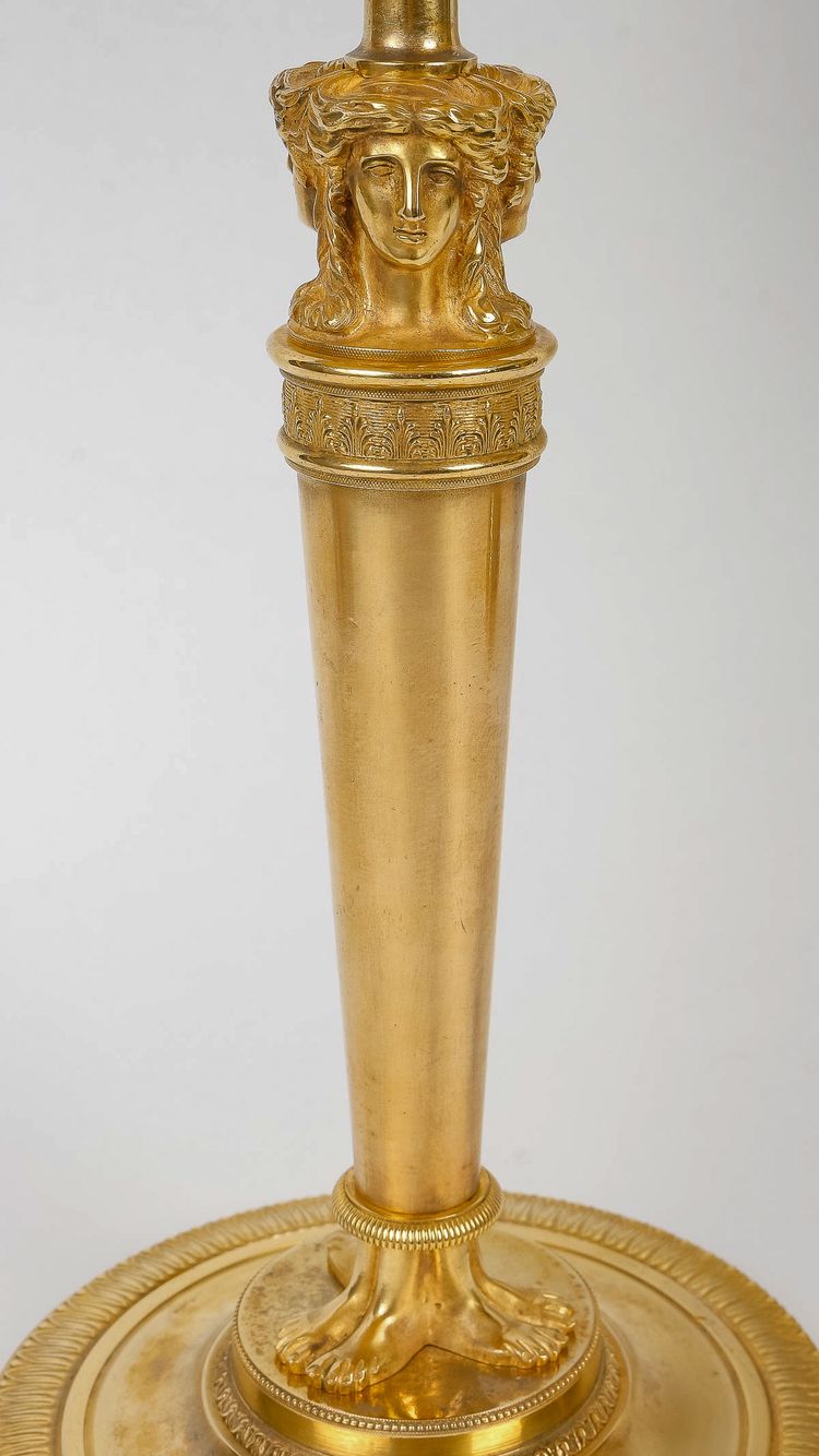 Pair of Candlesticks with Female Busts Attributed to Claude Galle Circa 1810, Mounted as Lamps